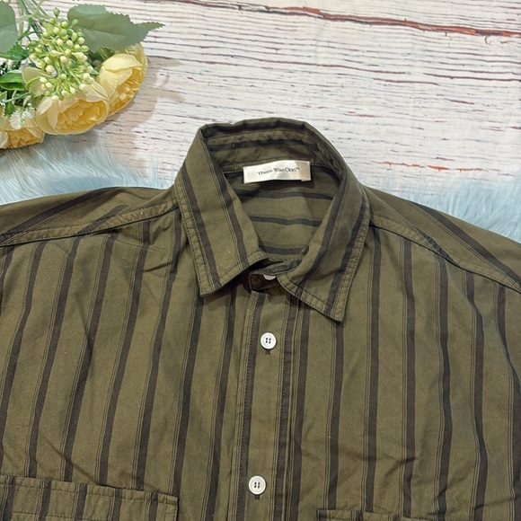 There Was One Green Black Stripe Button Down Top sz 44 - Picture 2 of 10